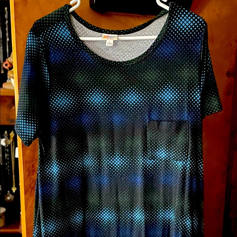 Lularoe Carly black with blue star bursts - unique design